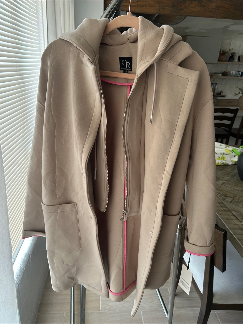 Women’s Hooded Coat in Taupe with Pink Trim